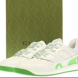 GUCCI Basket Sneakers White Green GG Monogram Leather Men's Shoes Size 15